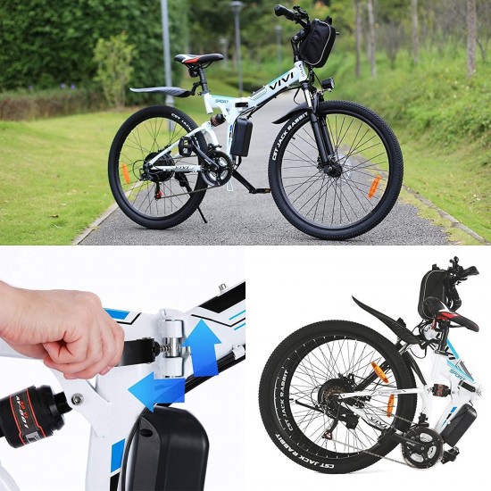 350W Folding E-Bike Adult Electric Mountain Bike 26 Inch Folding Electric Bicycle with Removable 36V/8 Ah Lithium-Ion Battery, Full-Suspension E-MTB, 21 Speed Gear