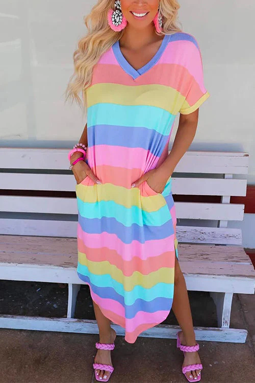 Rainbow Stripe V-Neck Midi T-Shirt DressClistos