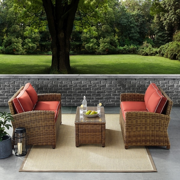 Crosley Bradenton 3piece Outdoor Wicker Seating Set with Sangria Cushions