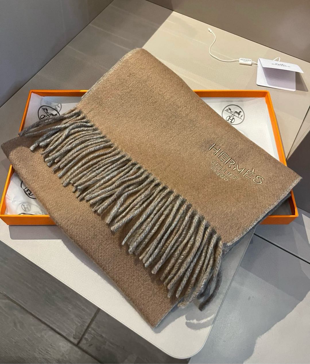 Hermes Cashmere Scarf Colorblock Beige Gray For Women 180cm
