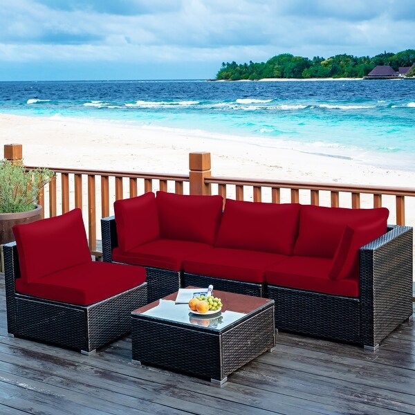 Costway 5PCS Patio Rattan Furniture Set Cushioned Sofa and Chair Coffee