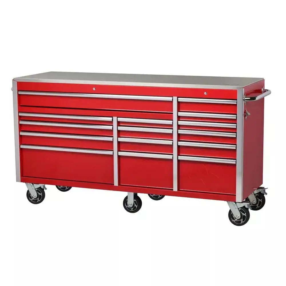 2026 Heavy-Duty 72 in. W x 24 in. D 15-Drawer Tool Chest Mobile Workbench with Stainless Steel Top and Dual Locks in Red