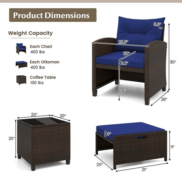 Costway 5 Piece Patio Rattan Furniture with 2 Ottomans and Tempered