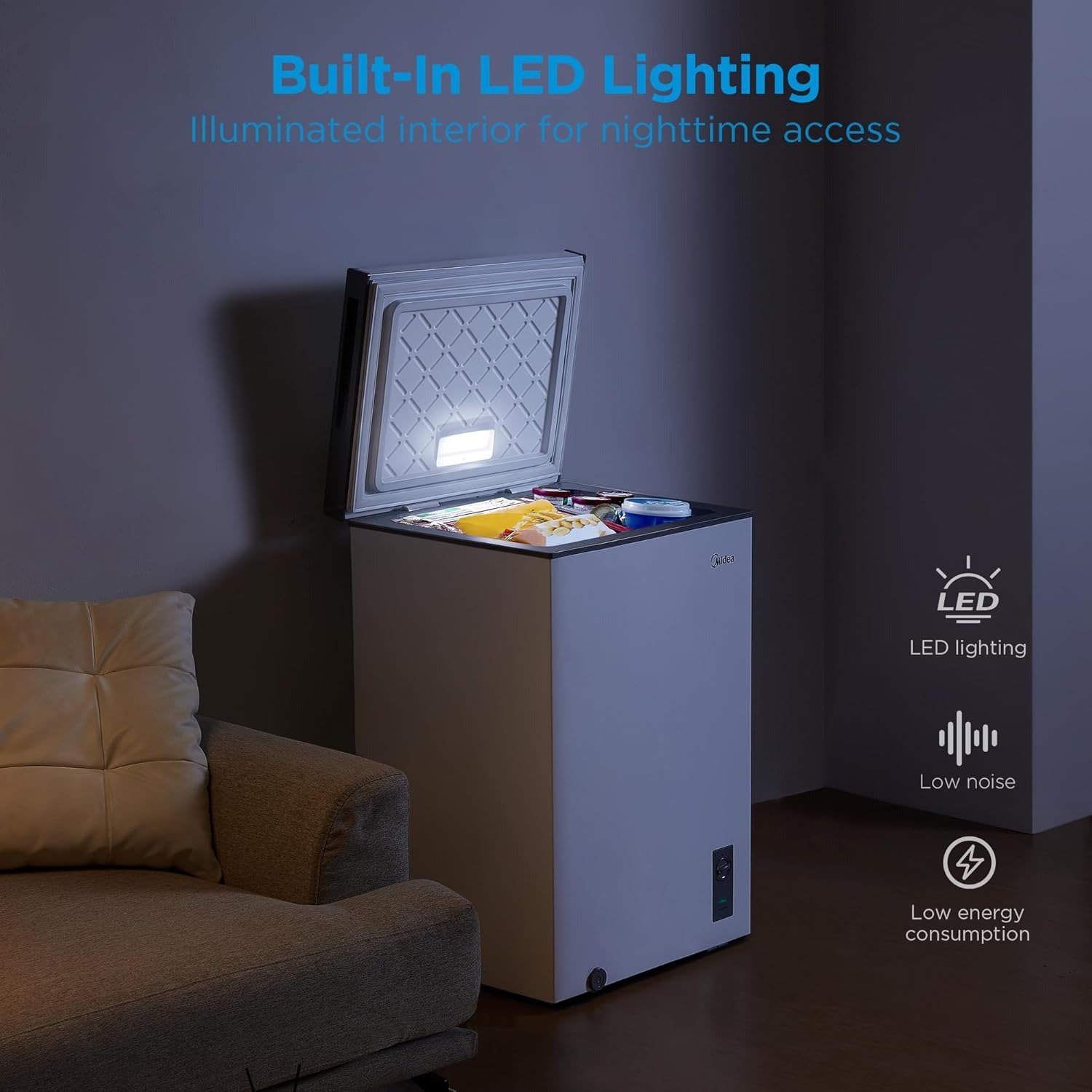 Chest Freezer, 3.5 Cubic Feet Freezer With Removable Basket, Interior LED Light, Adjustable Temperature, For Kitchen Apartment Office, White