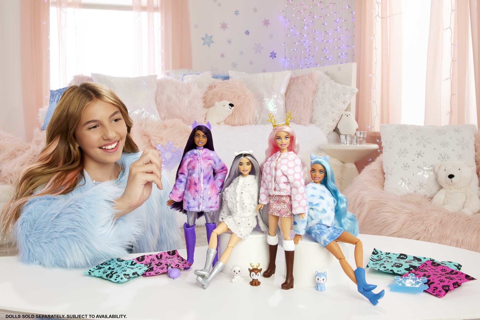 Barbie Cutie Reveal Snowflake Sparkle Fashion Doll with Husky Plush Costume, Mini Pet and Accessories