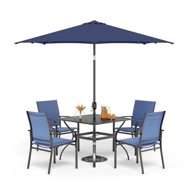 MAISON ARTS 6Piece Patio Dining Set,37 Inch Square Metal Table and 4 Textilene Dining Chairs with 9ft Patio Umbrella