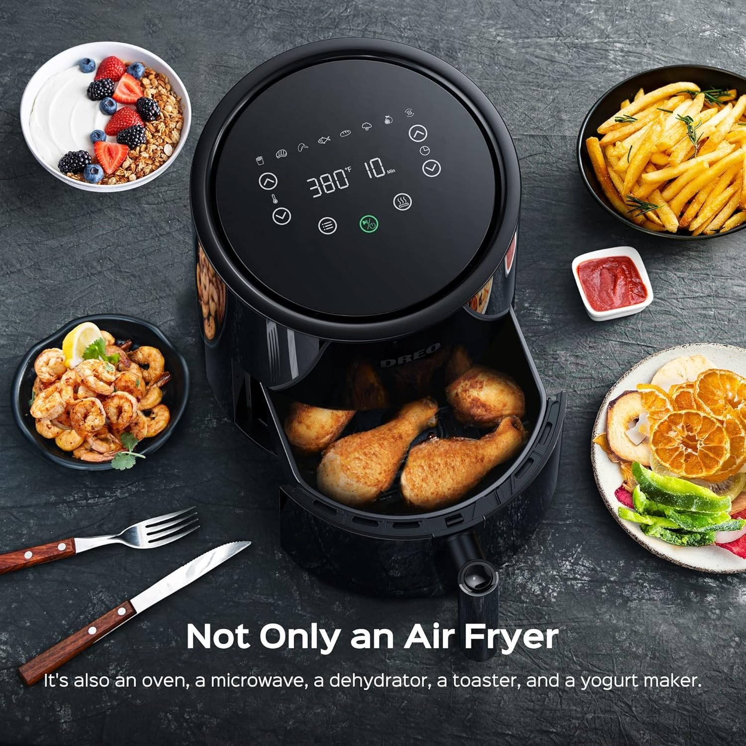 4QT 9-in-1 Electric Air Fryer, 360° Rapid Air Circulation, 100-450°F Wide Temp, Shake Reminder, Touch Screen, Black Stainless Steel