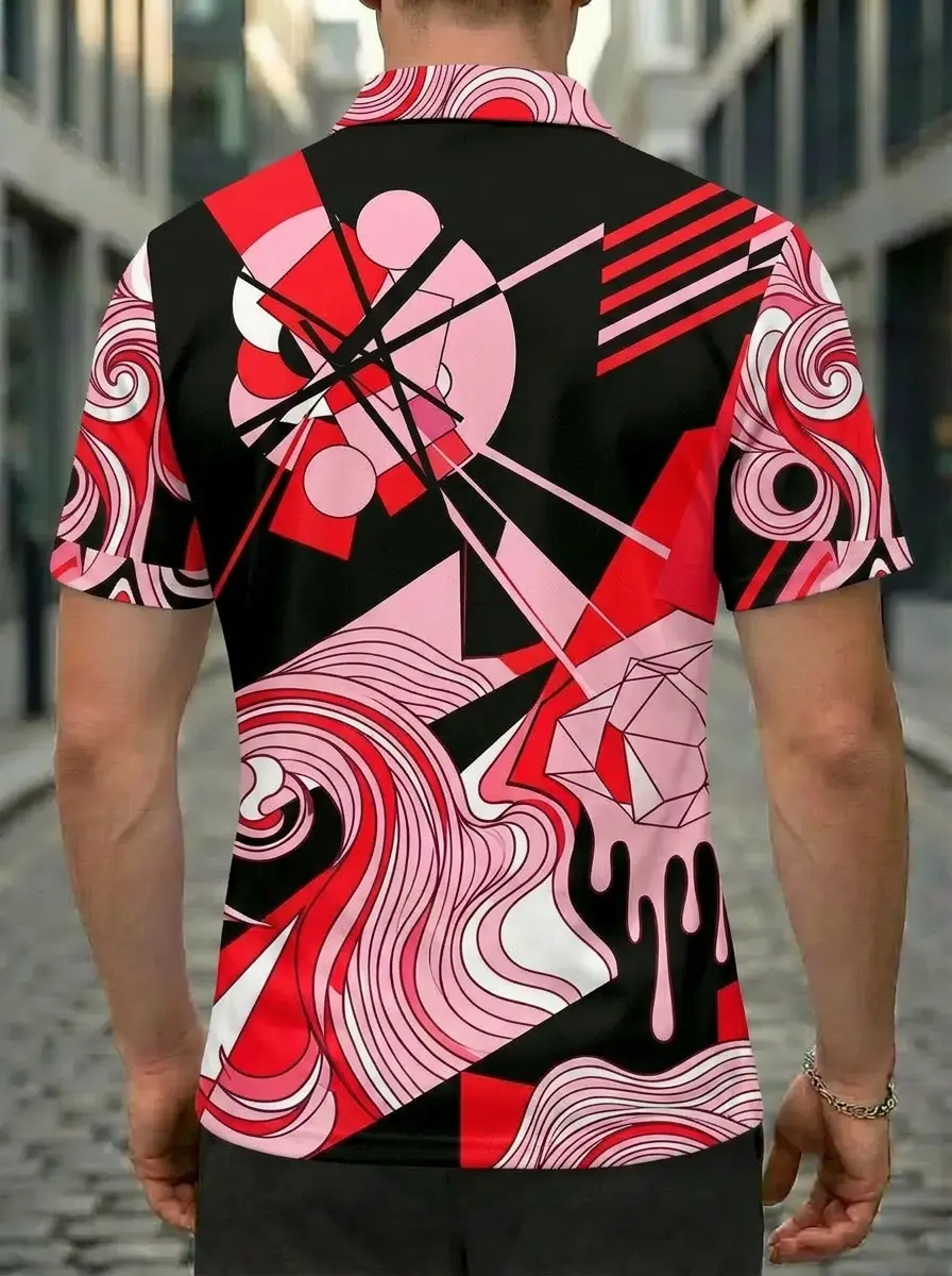 Moisture Wicking Golf Polo 3D Red Pink Black Geometric Diamond Button Short Sleeve Golf Polo Shirt
