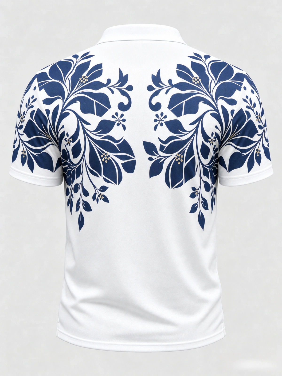 Moisture Wicking Golf Polo 3D Navy Blue Floral Leaf Shoulder Print Button Short Sleeve Golf Polo Shirt