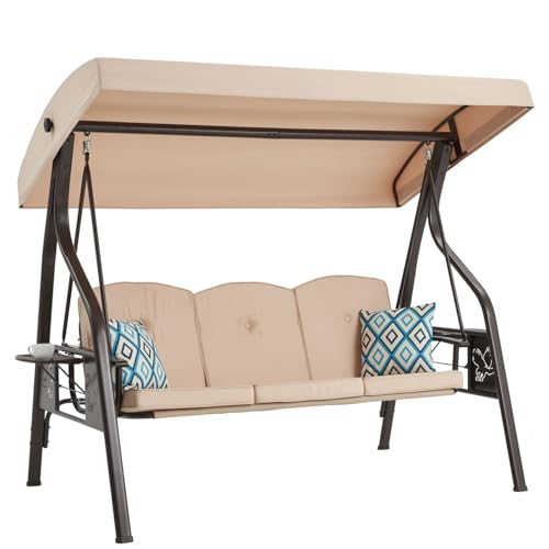 3-Seat Outdoor Porch Swing with Stand, Patio Swing with Canopy, 2 in 1 Porch Swing Bed & Patio Swing Chair for Adult w/Extra Pillows and Cup Holder for Yard (Wine Red)
