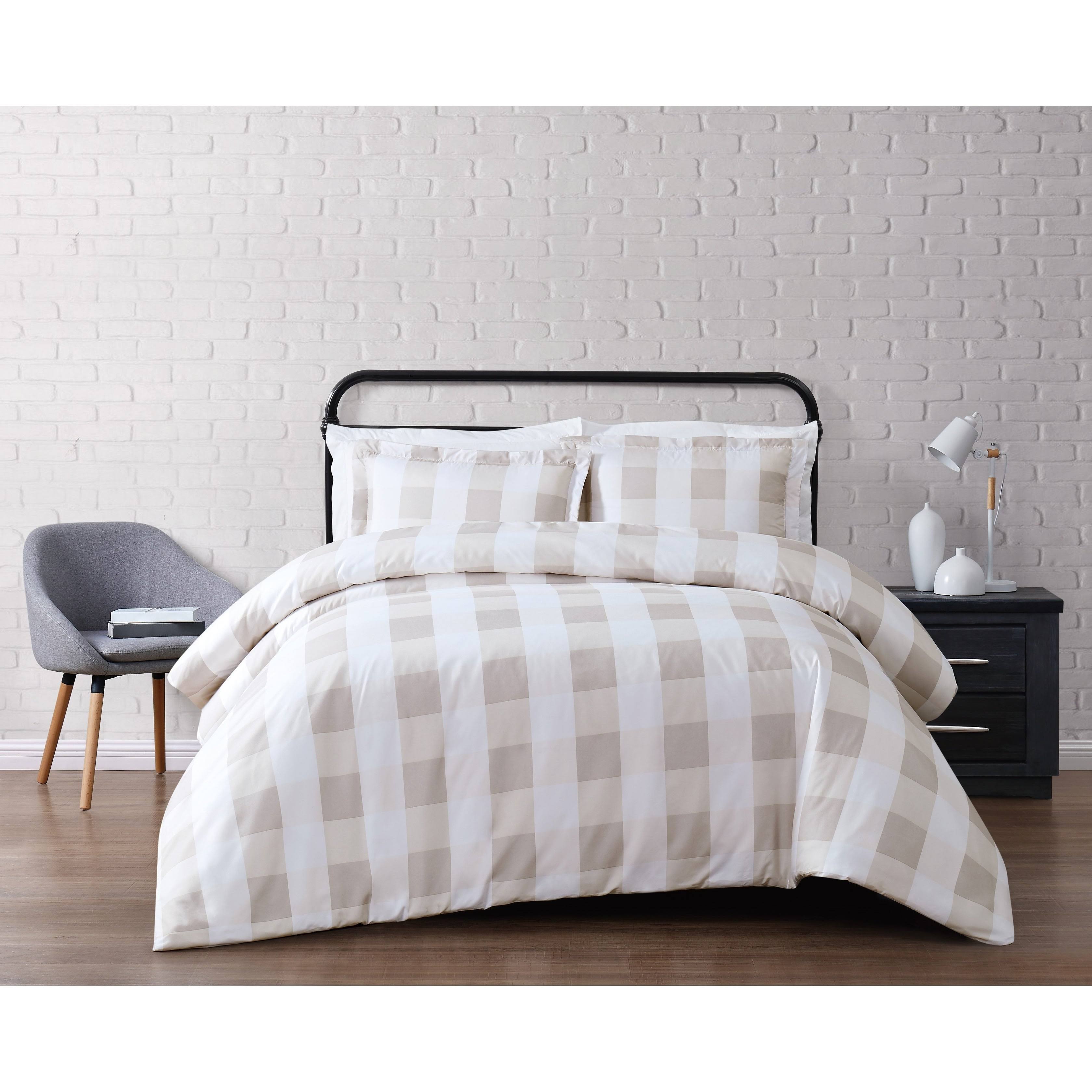 Truly Soft Everyday King Buffalo Plaid Duvet Cover Set Khaki/White