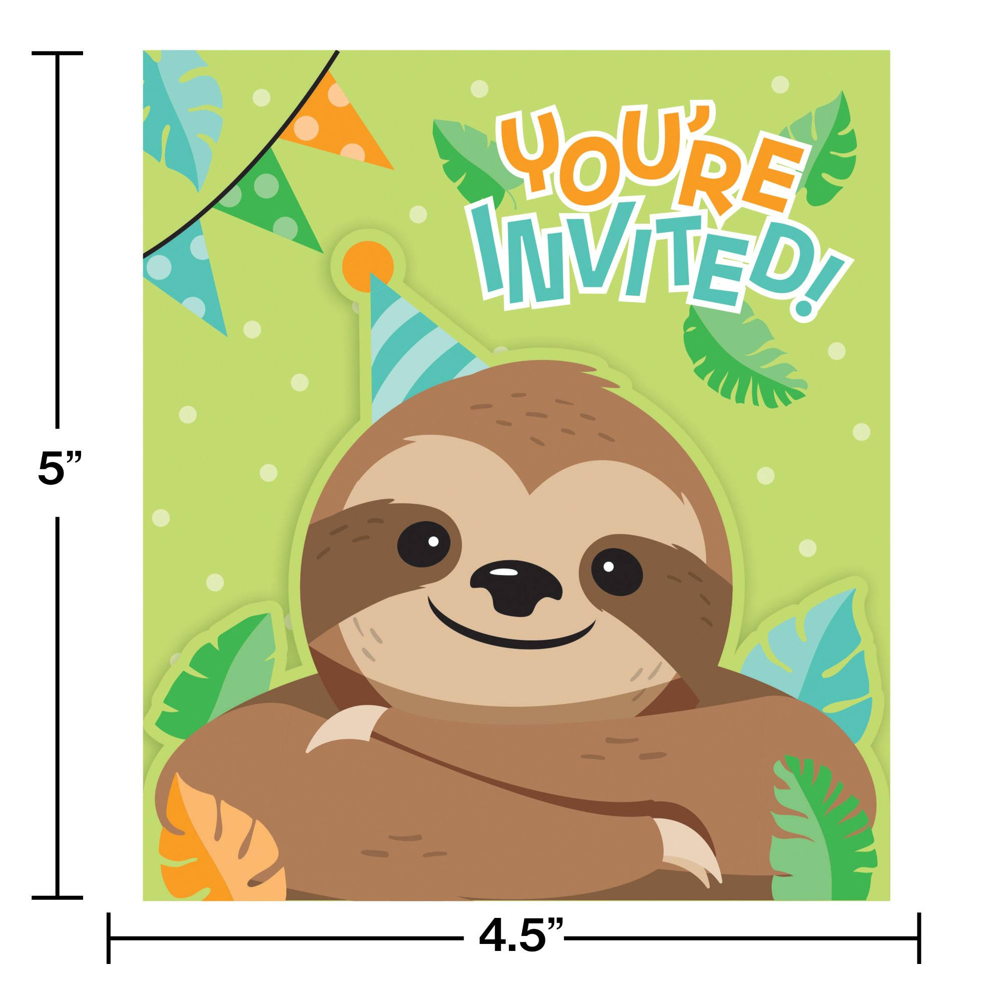 Club Pack of 48 Brown and Green Gatefold Sloth Party Invitations 5x22