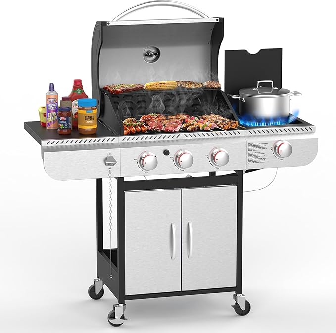 4-Burner Propane Gas Grill with Porcelain-Enameled Cast Iron Grates and Side Burne G0141A