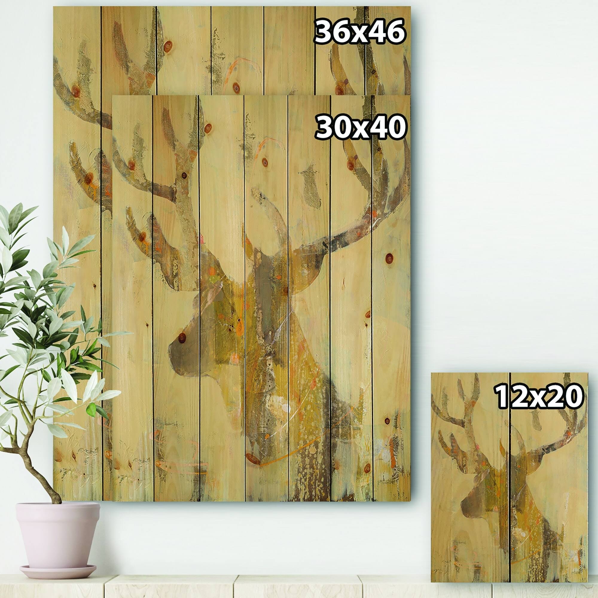 Designart &Golden Deer II& Modern Farmhouse Print on Natural Pine Wood - Brown - 34 in. Wide x 44 in. High