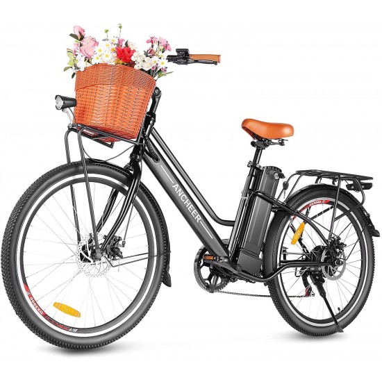 26” Electric Bicycle, Electric City Bike, Low Frame e-Bike with 36V/12.5 Ah Lithium Battery and 350W Powerful Motor, Step Through Commuter Ebike with Practical Basket for Woman Man