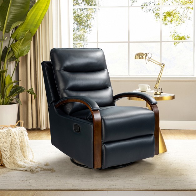 Clemens Genuine Leather Swivel Rocking Manual Recliner With Decorative Curved Mood Arm Artful Living Design