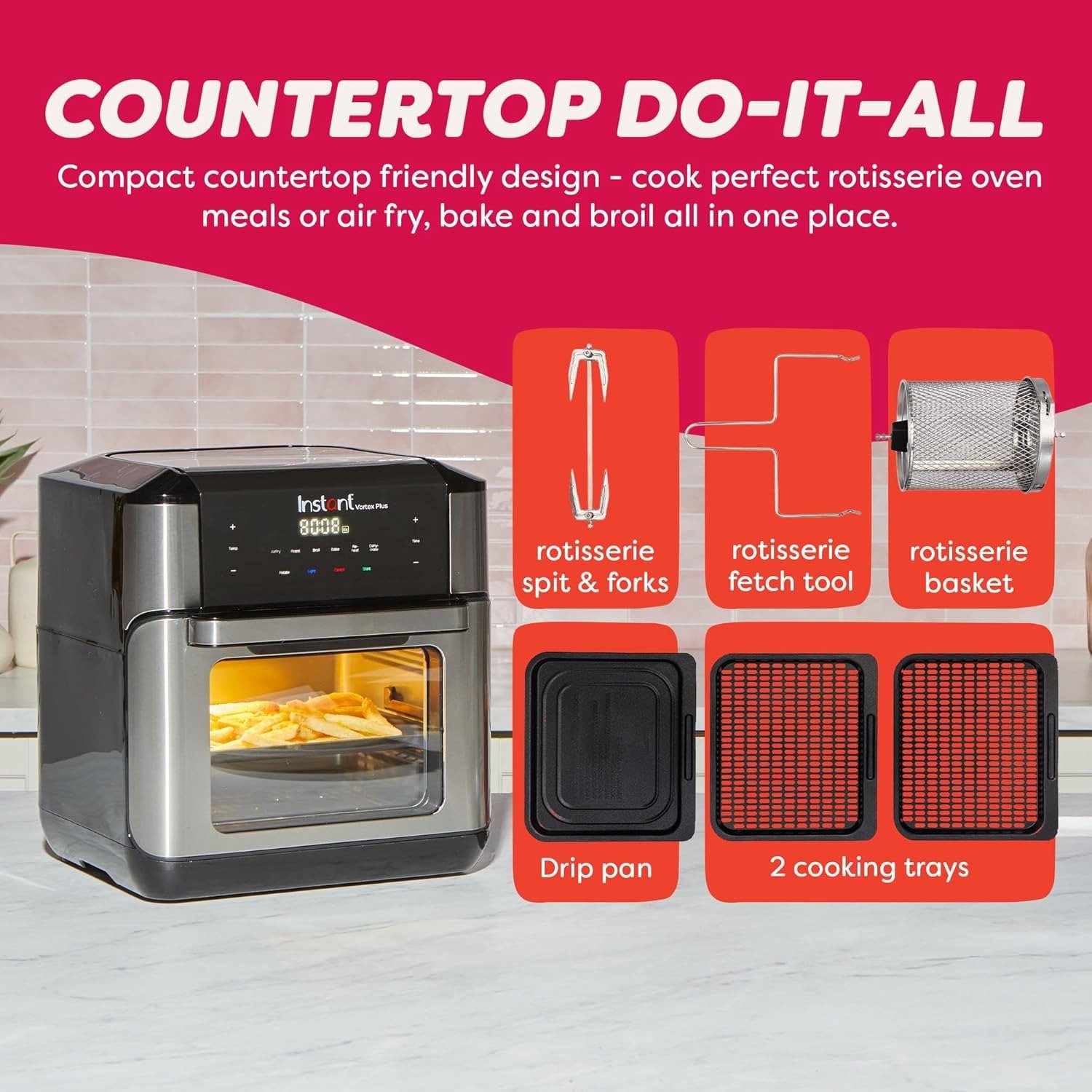 10QT Air Fryer, 7-in-1 Functions with EvenCrisp Technology that Crisps, Broils, Bakes, Roasts, Dehydrates, Reheats & Rotisseries, Includes over 100 In-App Recipes, Stainless Steel