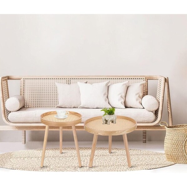 Set of 2,Natural Boho Coffee Table,Mid Century Modern Rattan