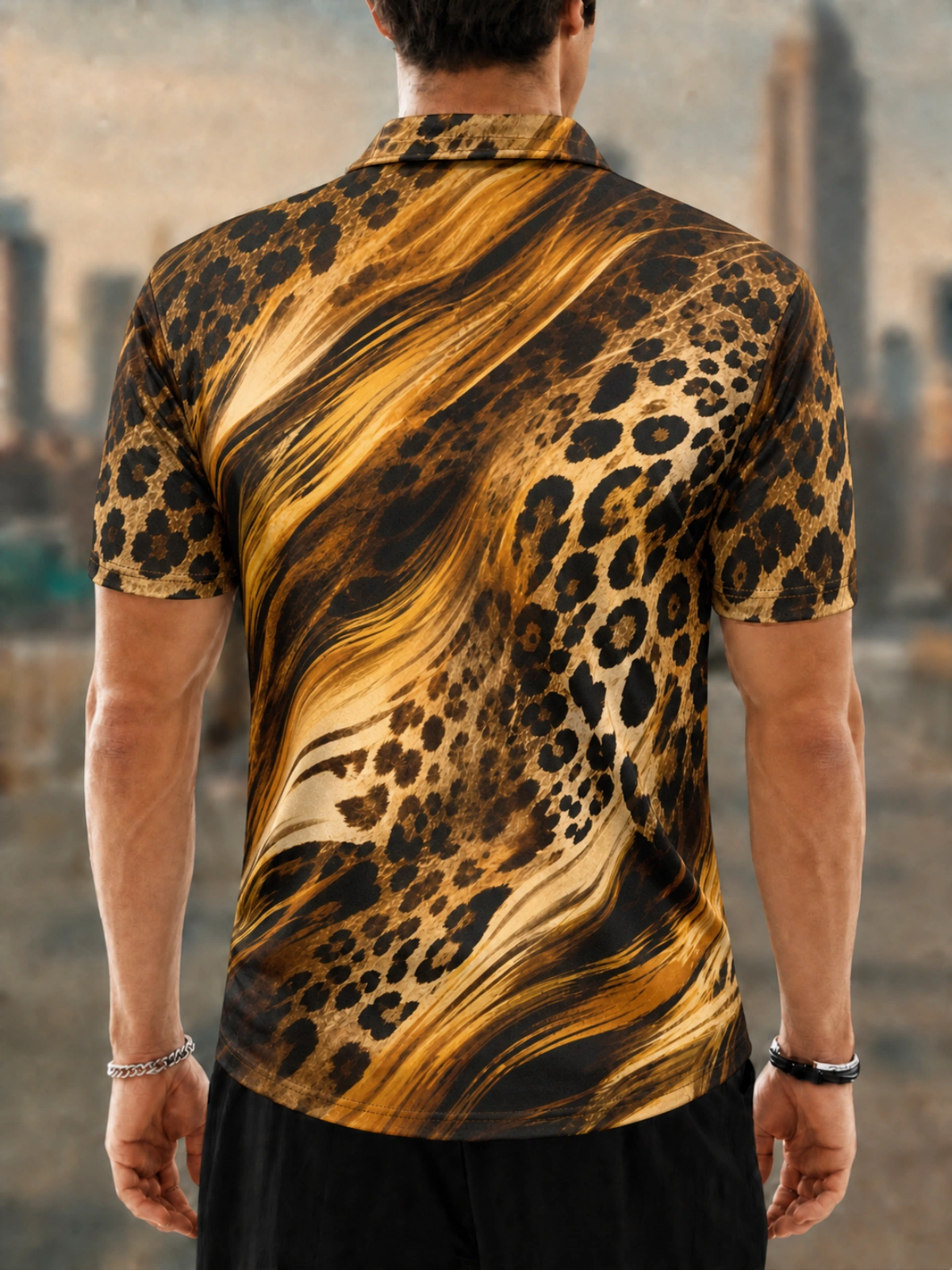 Moisture Wicking Golf Polo 3D Golden Leopard Fluid Texture Button Short Sleeve Golf Polo Shirt