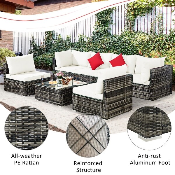 7PCS Patio Rattan Furniture Set Sectional Sofa Garden Cushion