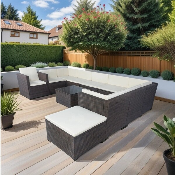 11 Piece Patio Wicker Conversation Set,10 Seater Patio Sectional Set with 3 Storage Box Under Seat Wicker + Cushion,Brown