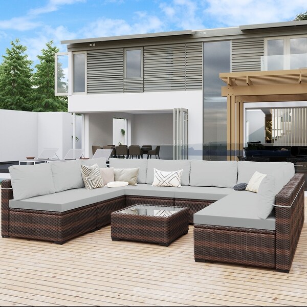 UPHA 9piece Cushioned Wicker Patio Conversation Seating Set