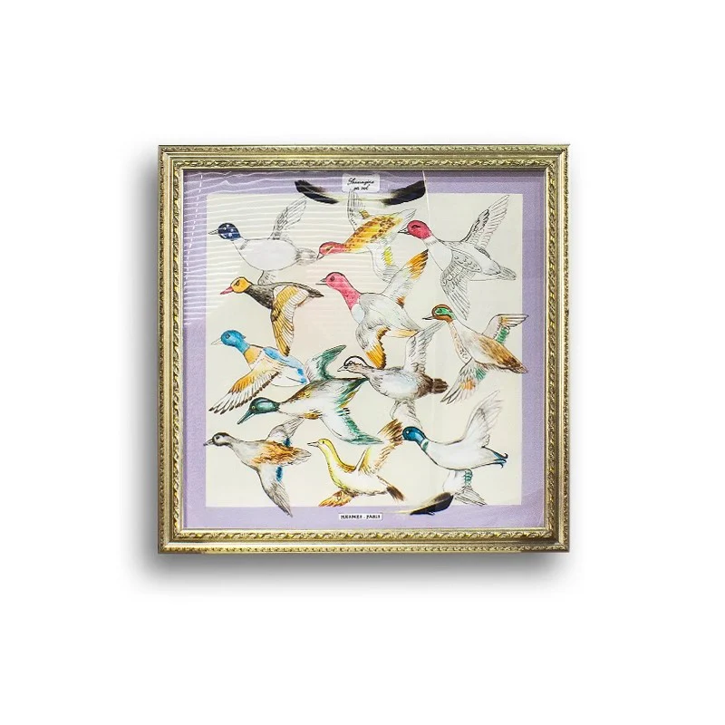 AH050 - Luxury Art Silk Scarf Painting with Genuine Feather Inlay, Unique Décor