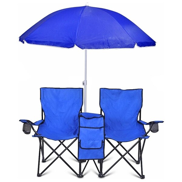 GoTeam Portable Double Folding Chair w/Removable Umbrella,Cooler Bag and Carry Case