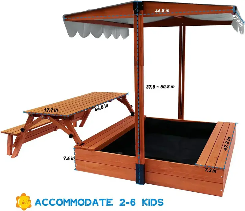 Wooden Foldable Sandbox with Lid and Integrated Picnic Table – Covered Sand Play Center