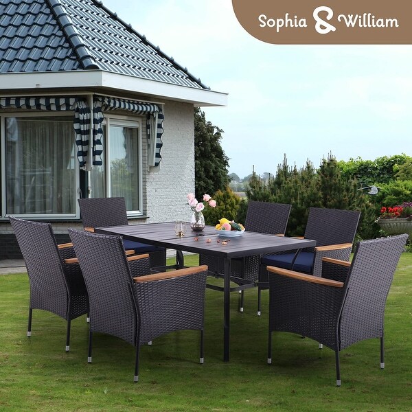 7 Pieces PE Rattan Patio Dining Sets,Modern Wicker Conversation Armhairs with Cushions and 2.6