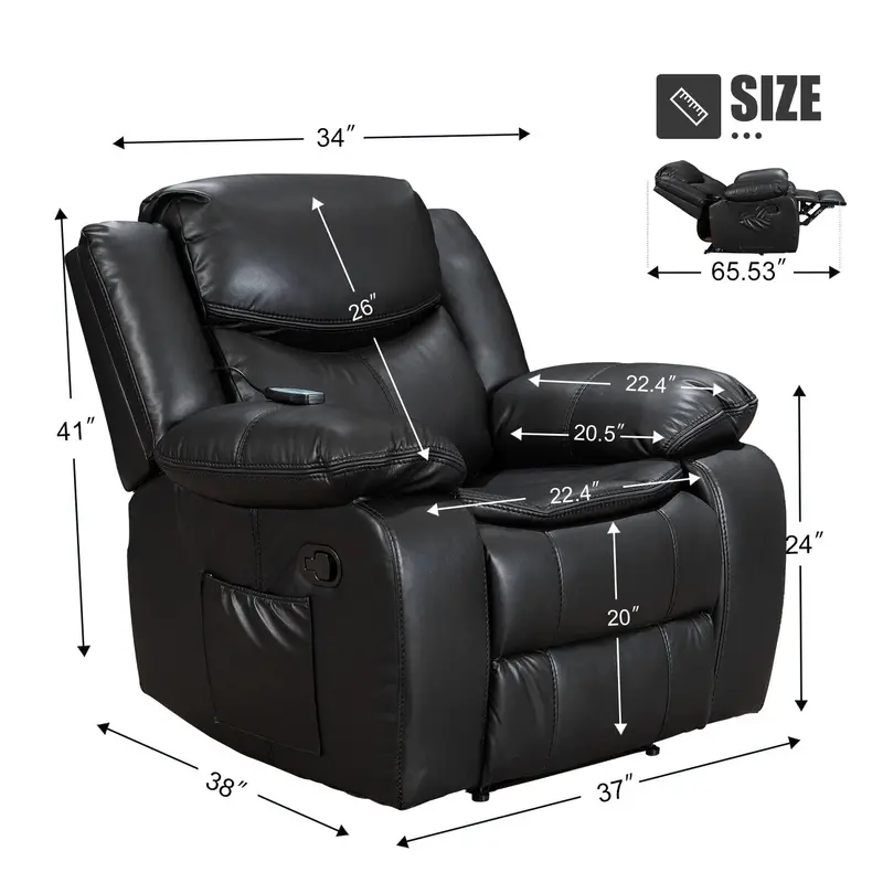 Wide-Seat Leather Recliner with Heat & Massage – Durable Ergonomic Lounge Chair