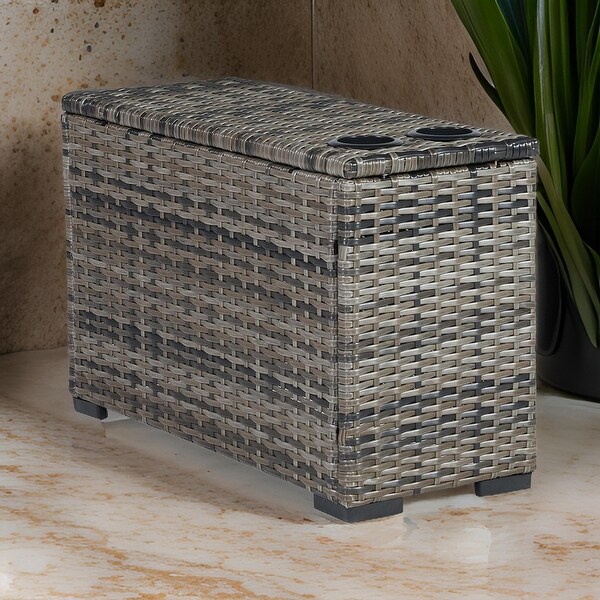 Mita 34 Inch Outdoor Console Side Table,2 Cupholders,Resin Wicker,Gray