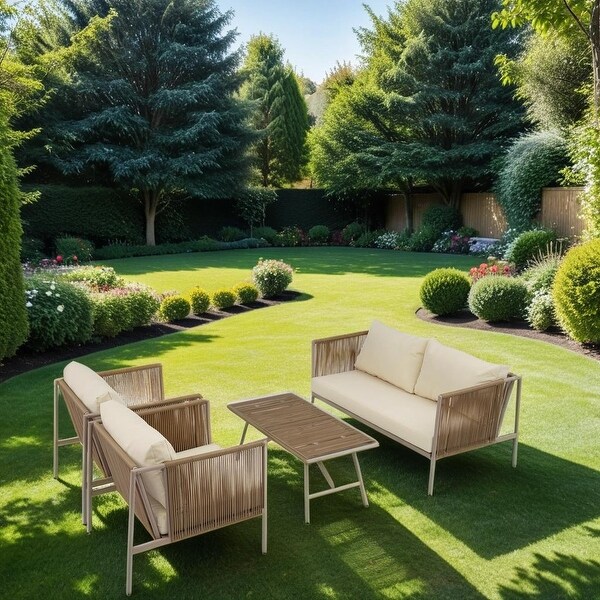 4Piece Rope Sofa Conversation Sets with Cushions and Table