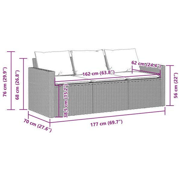vidaXL Patio Sofa with Cushions 3Seater Brown Poly Rattan