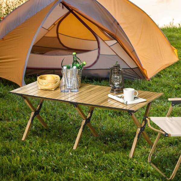 Outsunny 4ft Aluminum Camping Table,Folding RollUp Picnic Table with Carry Bag,Waterproof and Woodgrain Finish