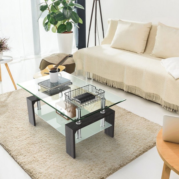Tangkula Glass Coffee End Side Table Rectangular W Shelf Wooden Leg Black brown