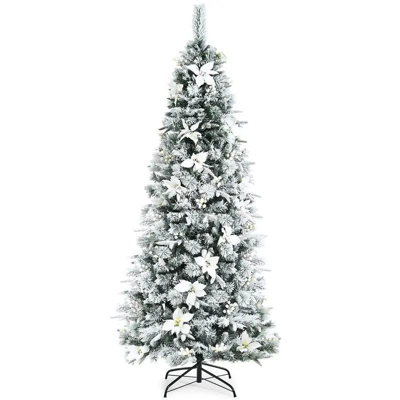 Slim Snow-Flocked Pencil Christmas Tree with White Berries – Hinged Artificial Xmas Tree