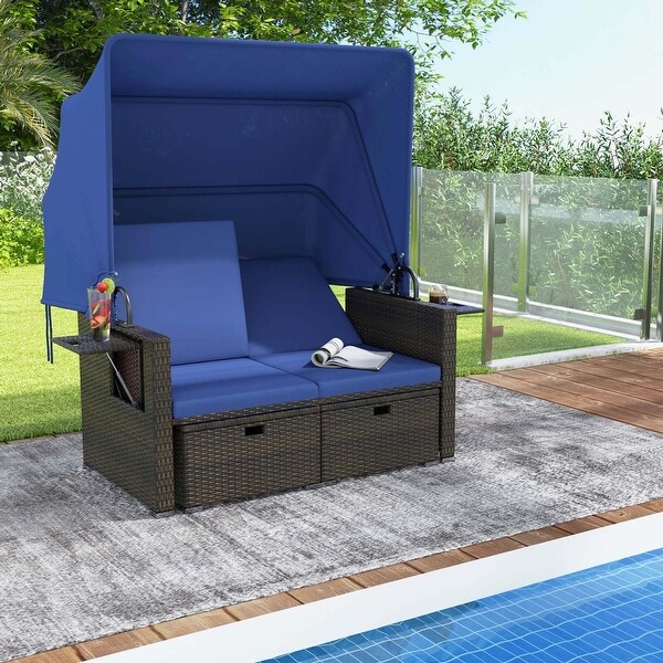 Patio Rattan Daybed w/Retractable Canopy Cushioned Double Bed Lounger