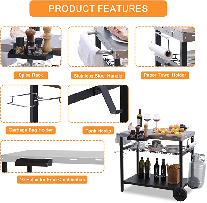 PIZZELLO Outdoor Bar Cart with Storage, Wheels, Handle, Hook, Trash Bag Holder, Paper Towel Holder, Movable Spice Rack - Silver Stainless Steel Tabletop
