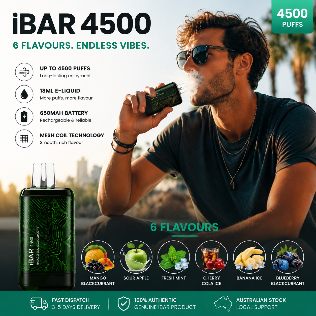 IBAR 4500 Puffs Six Flavours. One Premium Experience/5 or more units, as low as 65 AUD per unit