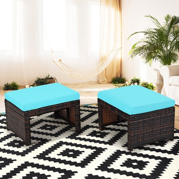 Costway 2PCS Patio Rattan Ottoman Cushioned Seat Foot Rest Furniture
