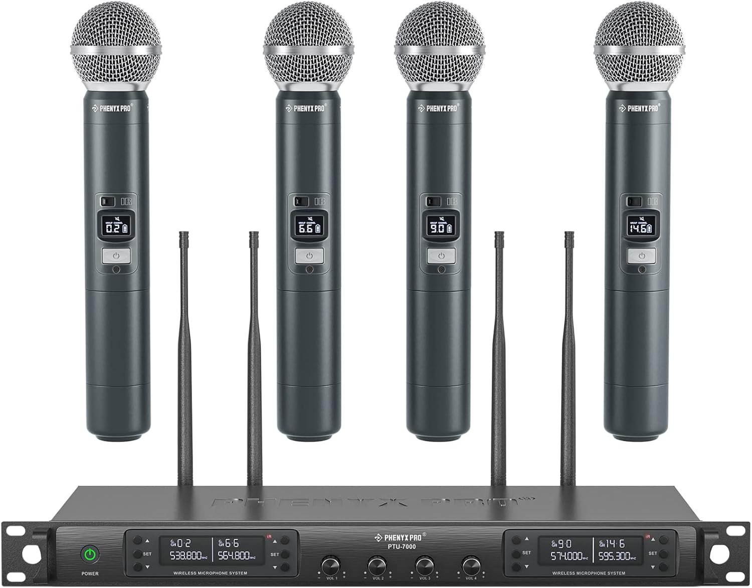 Wireless Microphone System, Quad Channel Wireless Mic, w/ 4x40 Channels, 4 Handheld Dynamic Microphones,Auto Scan, Long Distance 328ft, Microphone for Singing, Church, Karaoke (PTU-7000A)