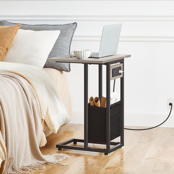 C Shaped Side Table with Charging Station,End Table,Greige and Black