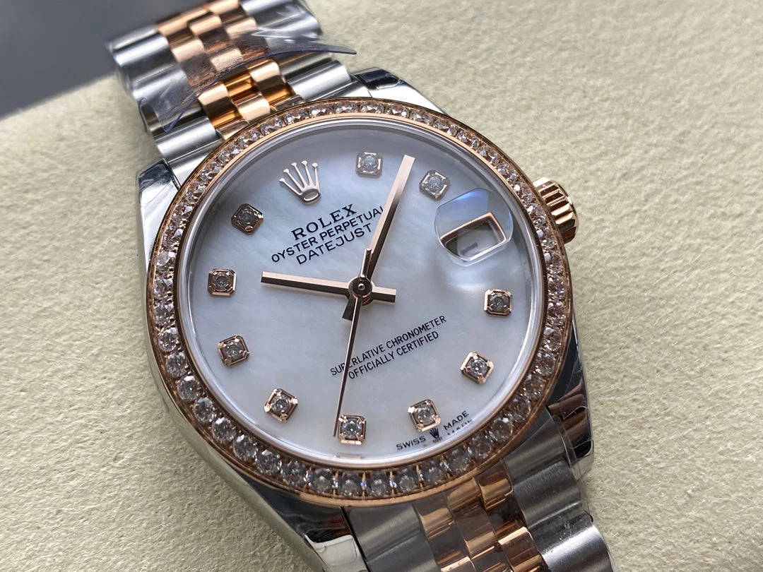 Datejust 28mm Pink Gold Steel Diamond Bezel White Mop Dial