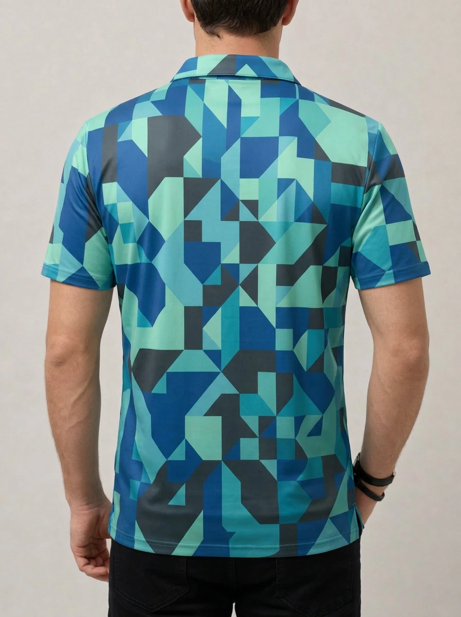 Teal Blue Pixel Geometric Gradient Print Short Sleeve Golf Polo Shirt