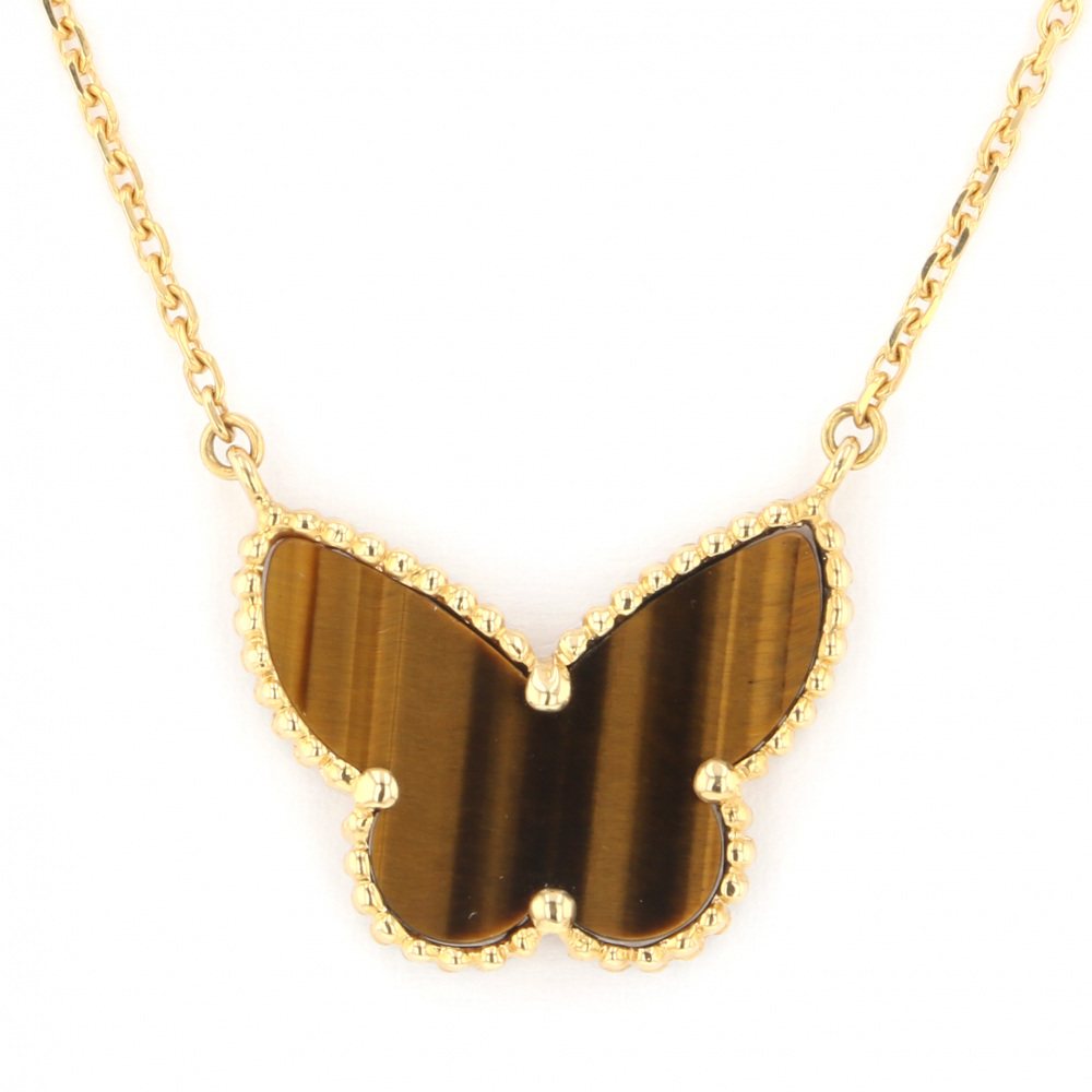 Van Cleef & Arpels Lucky Alhambra Papillon Necklace 18K Yellow Gold Tiger Eye