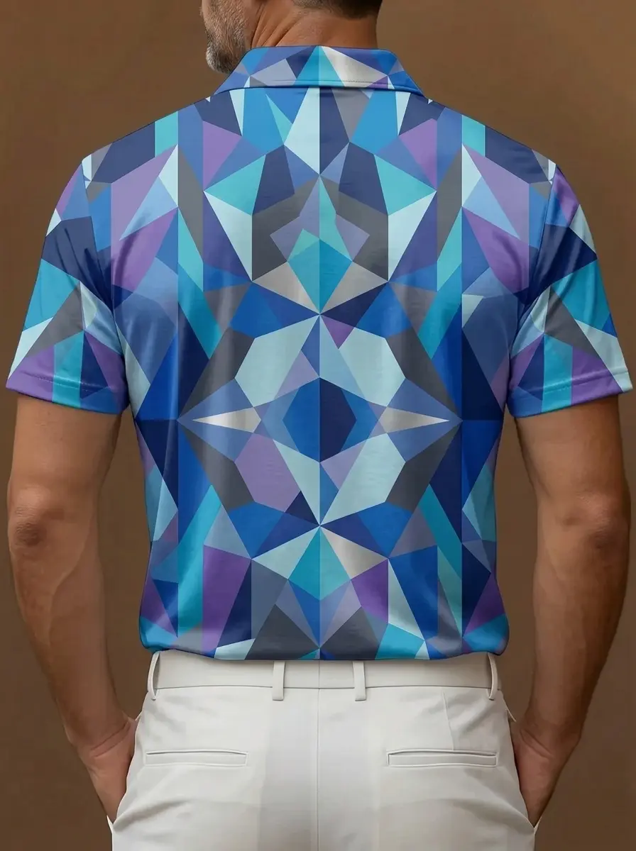 Blue Purple Teal Geometric Polygon Print Short Sleeve Golf Polo Shirt