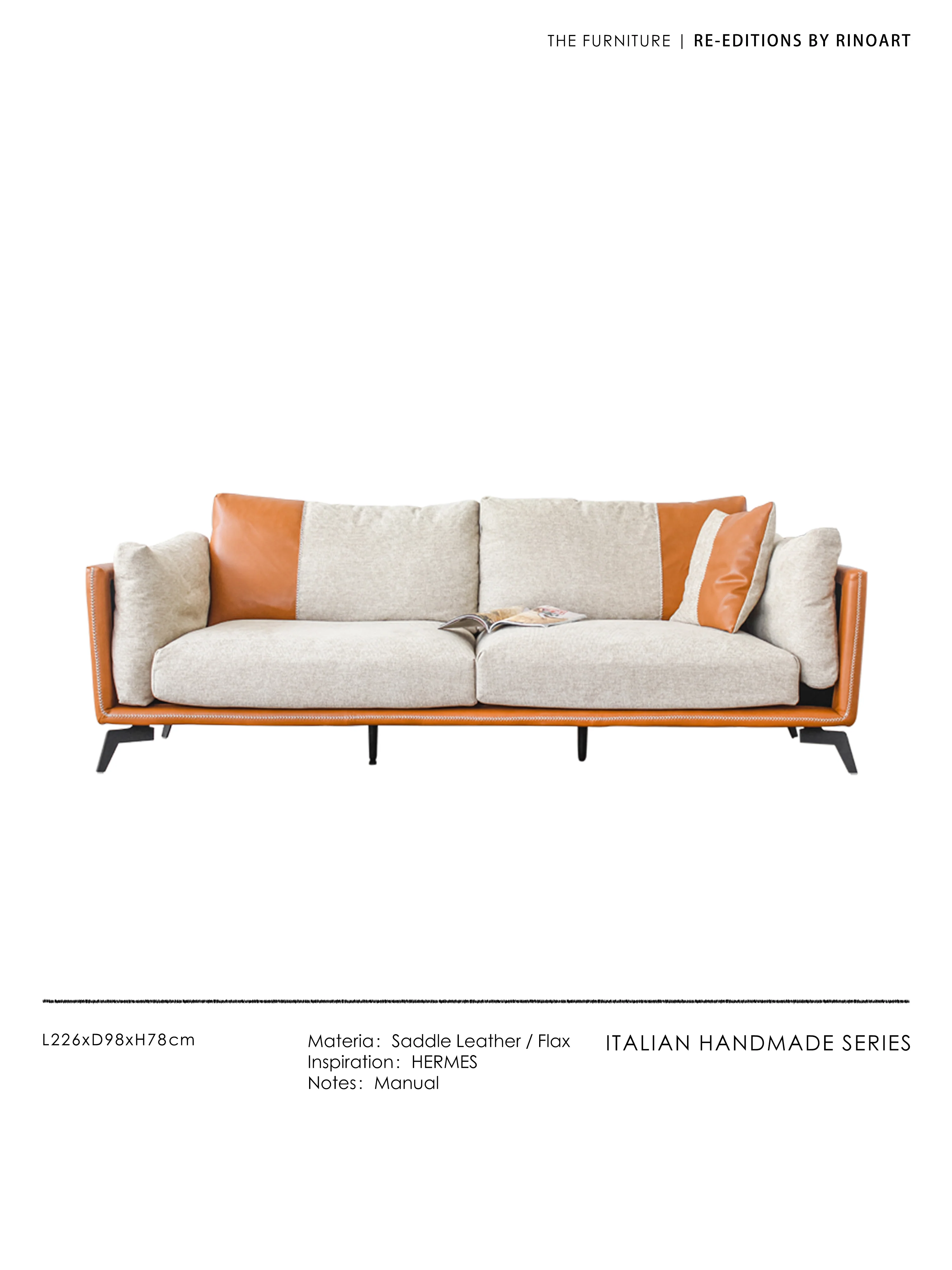CH011-1 - Italian H-Sellier Sofa: Linen Patchwork, Living Room Tri-color Seating