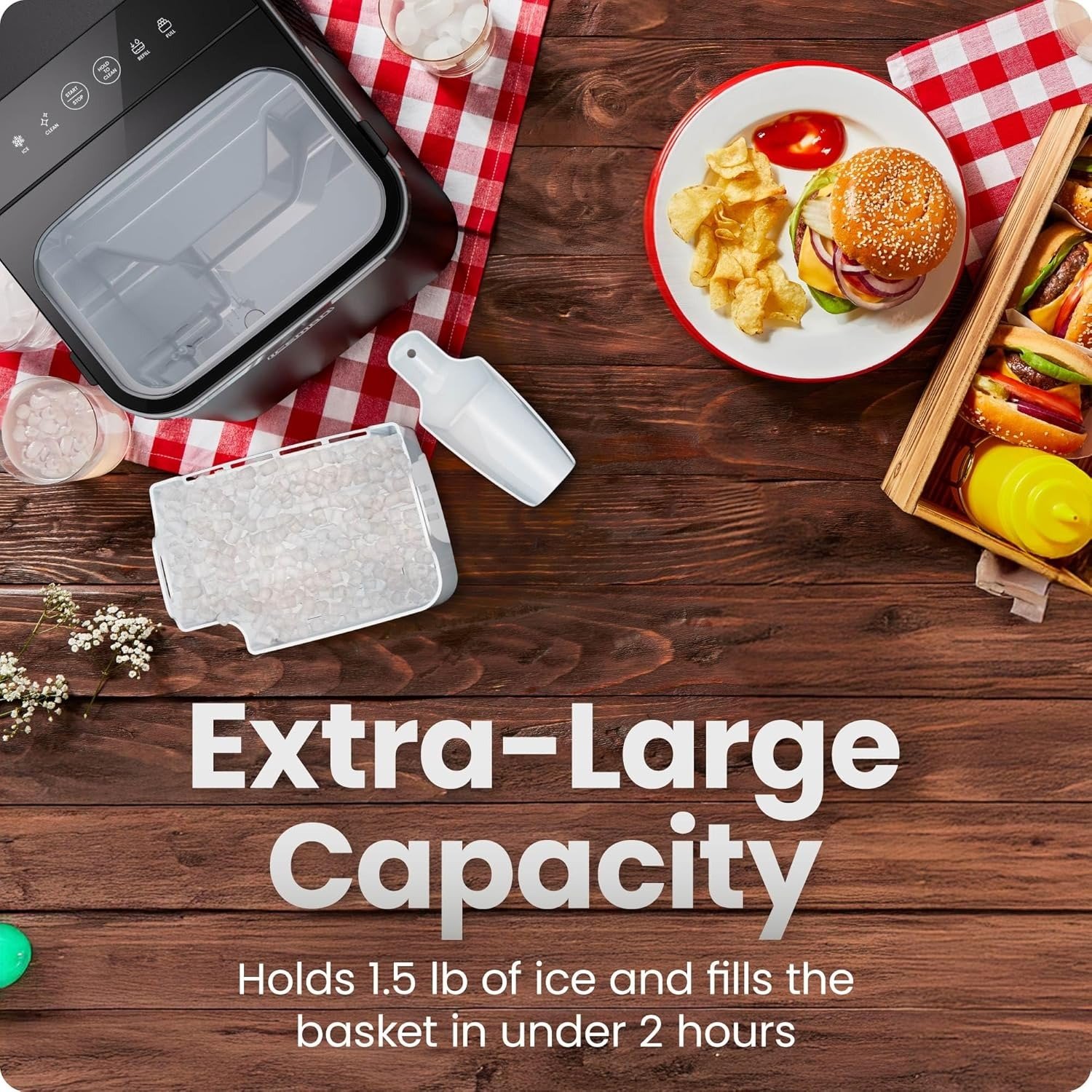 Compact Pebble Ice Machine, Countertop Nugget Ice Maker Produces Chewable Pellet Ice in 8 Minutes, Makes 26lbs/Day, One-Touch Cleaning Function with Ice Scoop/Basket Included – Black