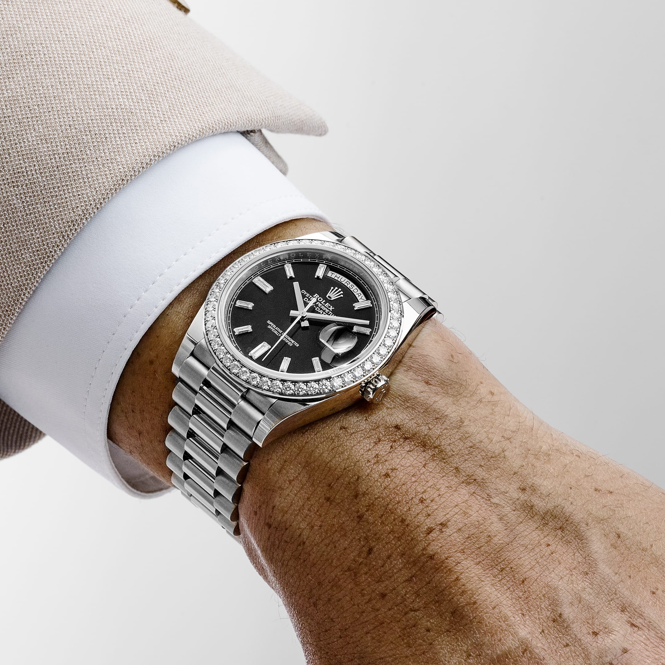 Rolex Day-Date 40 228349RBR White Gold Black Diamond Baguette Dial Diamond Bezel (2021)